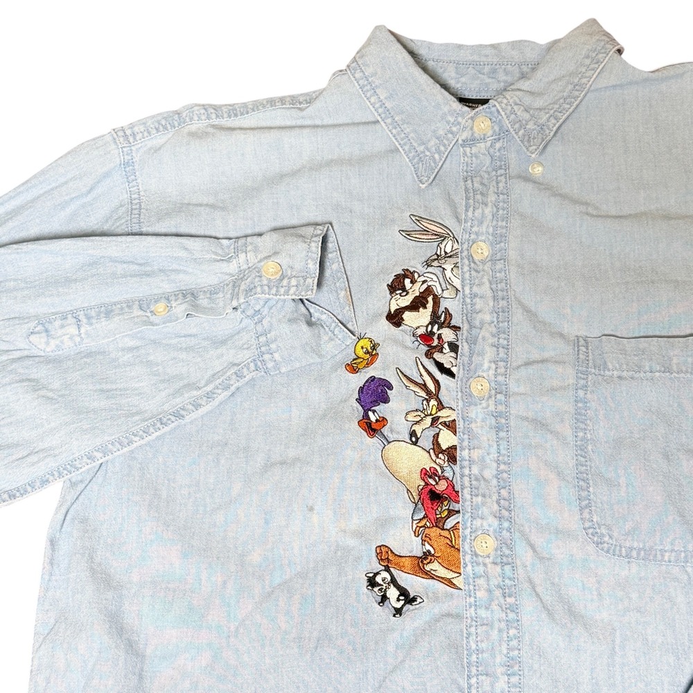 Vintage Looney Tunes Denim Shirt Medium Button Long Sleeve Warner Bros 90's READ